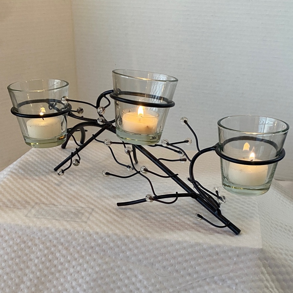 Candle Holder Centerpiece. Black Metal Branch and Twigs Beads with Votive Glass
